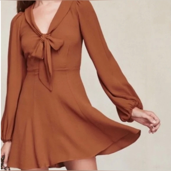 Reformation Dresses & Skirts - Reformation Women’s Long-Sleeve Tie-Neck A-Line Dress in Rust Size 2